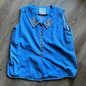 🌸 Vintage Just Class Embroidered Denim Sleeveless Top